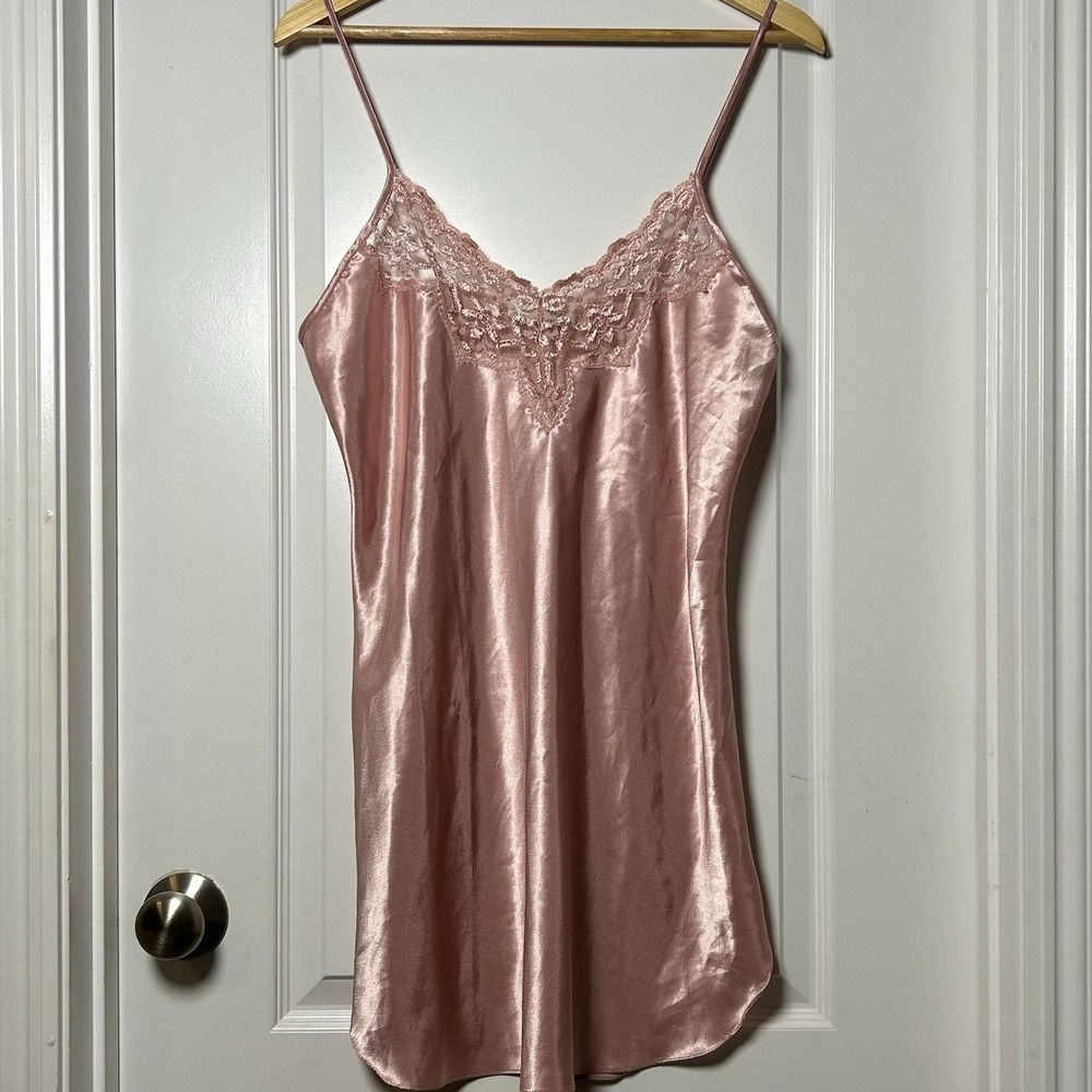 Alexandra Nicole Vintage Blush Pink Lace‎ Trim Satin Slip Dress Coquette Style